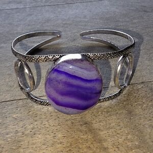 Purple Striped Agate Gemstone Cuff Bracelet in 925 Sterling Silver